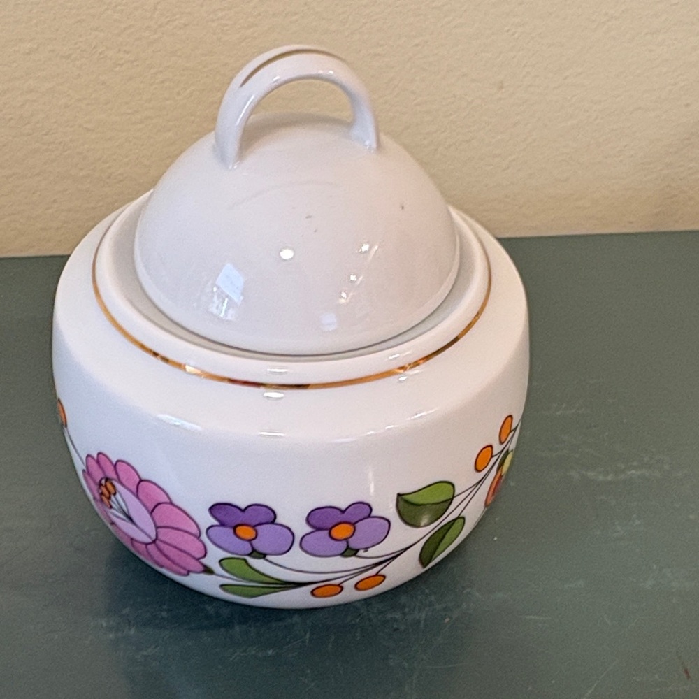 Vintage Kalocsa Hungary Hand-Painted Porcelain Sugar Bowl with Lid.